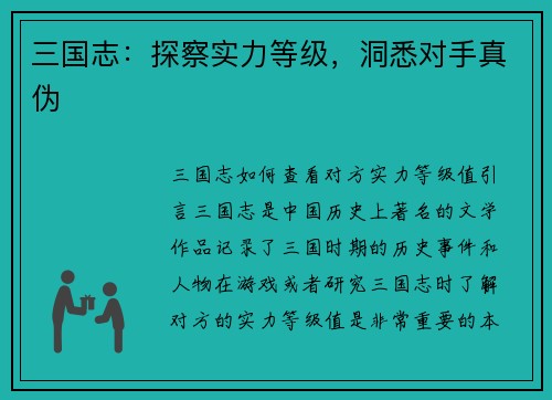 三国志：探察实力等级，洞悉对手真伪