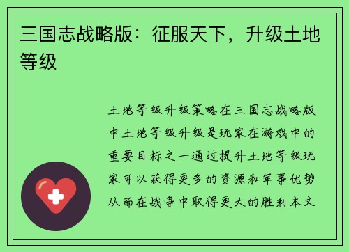 三国志战略版：征服天下，升级土地等级